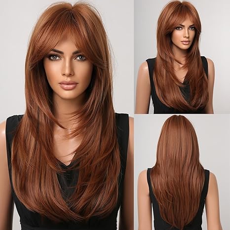 Wig store-Straight-Auburn Brown Wig with Bangs Natural Medium Length Straight Wigs for Women Heat Resistant Fiber Synthetic Wigs for Daily Cosplay Wig store-Straight-Auburn Brown Wig with Bangs Natural Medium Length Straight Wigs for Women Heat Resistant Fiber Synthetic Wigs for Daily Cosplay