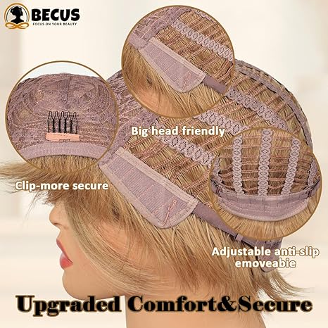 Wig store-Normal-BECUS Short Pixie Cut Strawberry Blonde Wig with Bangs High Temperature Synthetic Silky Straight Realistic Wigs for Women with Wig Cap 3 Wig store-Normal-BECUS Short Pixie Cut Strawberry Blonde Wig with Bangs High Temperature Synthetic Silky Straight Realistic Wigs for Women with Wig Cap - Image 3