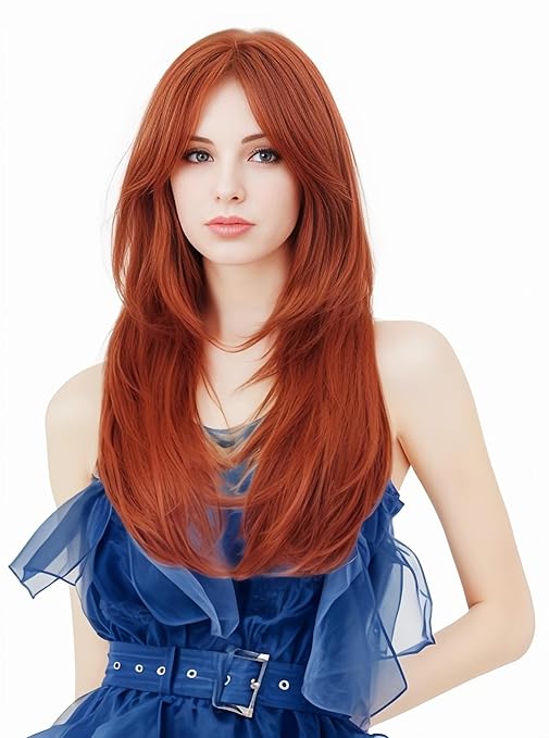 Wig store-Wavy-Rugelyss Long Wavy Auburn Red Wigs for Women- Layered Synthetic Copper Ginger Hair Wig with Bangs for Daily or Costume Party Wig store-Wavy-Rugelyss Long Wavy Auburn Red Wigs for Women- Layered Synthetic Copper Ginger Hair Wig with Bangs for Daily or Costume Party