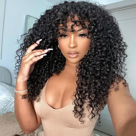 Wig store-Curly-200 Density Curly Wig with Bangs Human Hair Full Machine Made Scalp Top Wig Glueless Virgin Brazilian Long Curly Wig No Lace for Black Women Natural Color 20 inch Wig store-Curly-200 Density Curly Wig with Bangs Human Hair Full Machine Made Scalp Top Wig Glueless Virgin Brazilian Long Curly Wig No Lace for Black Women Natural Color 20 inch