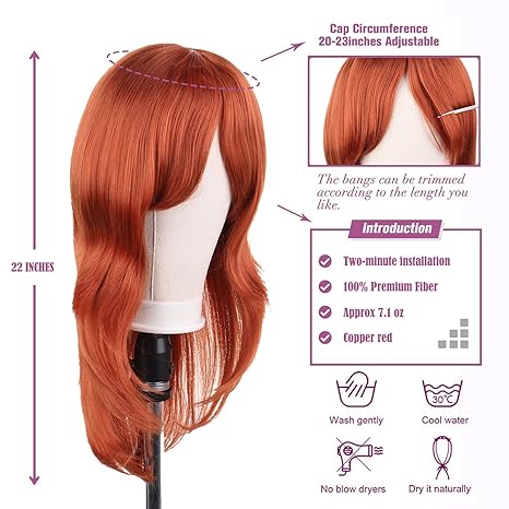 Wig store-Straight-Copper red Wig with Bangs 22 Inch Centre Parting Long Straight Layered Wig for Women Natural Looking Heat Resistant Synthetic hair Wigs for Daily Party Use(Copper red) 3 Wig store-Straight-Copper red Wig with Bangs 22 Inch Centre Parting Long Straight Layered Wig for Women Natural Looking Heat Resistant Synthetic hair Wigs for Daily Party Use(Copper red) - Image 3