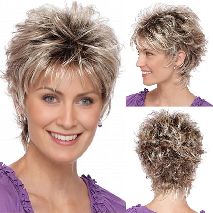 Wig store-Wavy-TISHINING Pixie Layered Short Brown Wigs for White Women Ombre Brown Mix Blonde Pixie Cut Synthetic Short Hair Wig with Bangs Natural Looking Daily Party Wig Wig store-Wavy-TISHINING Pixie Layered Short Brown Wigs for White Women Ombre Brown Mix Blonde Pixie Cut Synthetic Short Hair Wig with Bangs Natural Looking Daily Party Wig