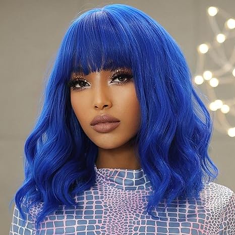 Wig store-Wavy-Blue Wigs for Black Women Soft Short Bob Style Wigs with Bangs for Women Synthetic Shoulder Length Women’s Curly Wigs for Cosplay Halloween Costumes Daily (Blue) Wig store-Wavy-Blue Wigs for Black Women Soft Short Bob Style Wigs with Bangs for Women Synthetic Shoulder Length Women's Curly Wigs for Cosplay Halloween Costumes Daily (Blue)