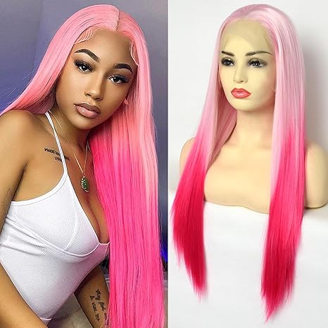 Wig store-Straight-Ombre Pink Lace Front Wigs with Light Pink 2 Tones Color Long Natural Straight Half Hand Tied Synthetic Hair Replacement Wigs 22Inch for Women Wig store-Straight-Ombre Pink Lace Front Wigs with Light Pink 2 Tones Color Long Natural Straight Half Hand Tied Synthetic Hair Replacement Wigs 22Inch for Women
