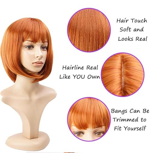 Wig store-BOB-Short Auburn Bob Wig With Bangs -12 Inch Natural Fashion Bob Wigs for Women- Cute Colored Synthetic Wig for Daily Party Halloween (Auburn) - Image 3