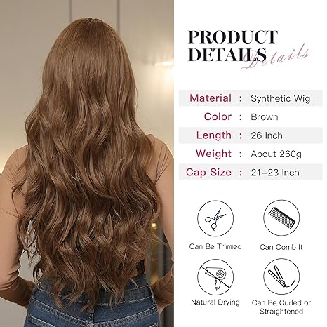 Wig store-Wavy-Linen Brown Wig with Bangs Wavy Wigs for Women- 26 Inch Synthetic Hair Wig for Daily Party Use 2 Wig store-Wavy-Linen Brown Wig with Bangs Wavy Wigs for Women- 26 Inch Synthetic Hair Wig for Daily Party Use - Image 2
