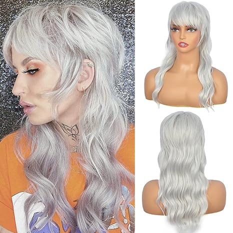 Wig store-Wavy-Long Grey Mullet Wig for Women with Bangs 90s 80s Wigs Natural Looking Synthetic Wig With Bangs for Women Wig Wig store-Wavy-Long Grey Mullet Wig for Women with Bangs 90s 80s Wigs Natural Looking Synthetic Wig With Bangs for Women Wig
