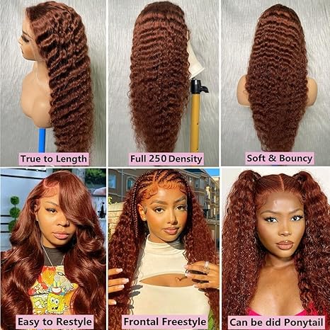 Wig store-Thick-250 Density Reddish Brown HD Lace Front Wigs Human Hair Bleached Knots 28 inch Auburn Red Deep Wave Transparent Lace Frontal Wig 13×4 Big Space Lace Ginger Red Colored Curly Wigs for Black Women 2 Wig store-Thick-250 Density Reddish Brown HD Lace Front Wigs Human Hair Bleached Knots 28 inch Auburn Red Deep Wave Transparent Lace Frontal Wig 13x4 Big Space Lace Ginger Red Colored Curly Wigs for Black Women - Image 2