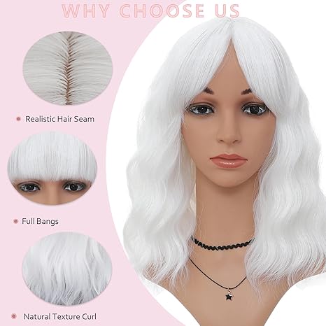 Wig store-Wavy-White Wig with Bangs for Women- Short Wavy Curly White Wigs 14 Inch Shoulder Length White Wig Party Cosplay Halloween Wigs 3 Wig store-Wavy-White Wig with Bangs for Women- Short Wavy Curly White Wigs 14 Inch Shoulder Length White Wig Party Cosplay Halloween Wigs - Image 3