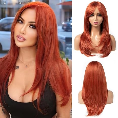 Wig store-Straight-Copper red Wig with Bangs 22 Inch Centre Parting Long Straight Layered Wig for Women Natural Looking Heat Resistant Synthetic hair Wigs for Daily Party Use(Copper red) Wig store-Straight-Copper red Wig with Bangs 22 Inch Centre Parting Long Straight Layered Wig for Women Natural Looking Heat Resistant Synthetic hair Wigs for Daily Party Use(Copper red)