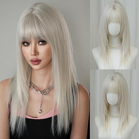 Wig store-Straight-7JHH WIGS Long Straight White Synthetic Layered Wig with Bangs 24inch Modern Wig for Women Party Cosplay and Daily Use Wig store-Straight-7JHH WIGS Long Straight White Synthetic Layered Wig with Bangs 24inch Modern Wig for Women Party Cosplay and Daily Use