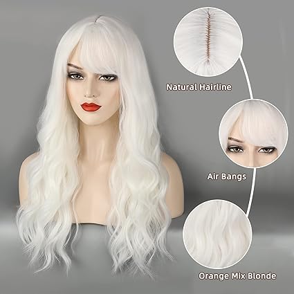 Wig store-Wavy-FORCUTEU White Wig with Bangs Long Wig for Women Wavy Wigs Heat Resistant Wigs for Daily Party Halloween Cosplay Use (White- 26 Inch) 3 Wig store-Wavy-FORCUTEU White Wig with Bangs Long Wig for Women Wavy Wigs Heat Resistant Wigs for Daily Party Halloween Cosplay Use (White- 26 Inch) - Image 3