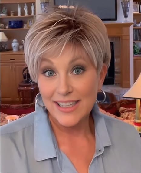 Wig store-Straight-SEVENCOLORS Short White Blonde Pixie Cut Wigs for Women Layered Fluffy Mixed Blonde Wigs with Dark Roots Synthetic Hair Short Wig for White Women Wig store-Straight-SEVENCOLORS Short White Blonde Pixie Cut Wigs for Women Layered Fluffy Mixed Blonde Wigs with Dark Roots Synthetic Hair Short Wig for White Women