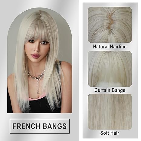 Wig store-Straight-7JHH WIGS Long Straight White Synthetic Layered Wig with Bangs 24inch Modern Wig for Women Party Cosplay and Daily Use 3 Wig store-Straight-7JHH WIGS Long Straight White Synthetic Layered Wig with Bangs 24inch Modern Wig for Women Party Cosplay and Daily Use - Image 3