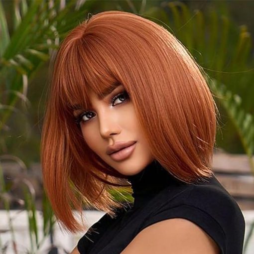 Wig store-BOB-Short Auburn Bob Wig With Bangs -12 Inch Natural Fashion Bob Wigs for Women- Cute Colored Synthetic Wig for Daily Party Halloween (Auburn)