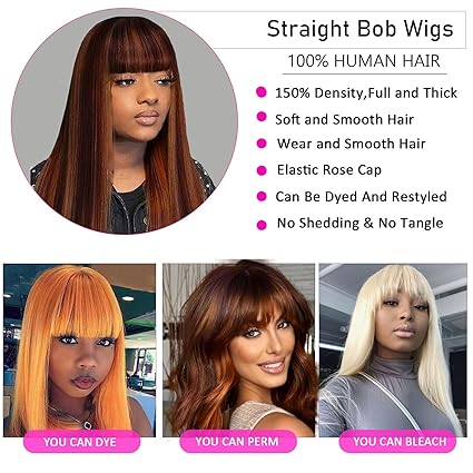 Wig store-Straight-Honey Blonde Highlight Ombre Short Bob Wig with Bangs 15 inch Straight Hair with Bangs Glueless Non Lace Front Wig Machine Made YAKI Straight Bob Human Hair Wigs for Women FS27/30 2 Wig store-Straight-Honey Blonde Highlight Ombre Short Bob Wig with Bangs 15 inch Straight Hair with Bangs Glueless Non Lace Front Wig Machine Made YAKI Straight Bob Human Hair Wigs for Women FS27/30 - Image 2
