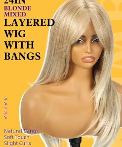Wig store-Straight-KOME Blonde Mixed Long Layered Straight Wig with Bangs for Women-Synthetic Heat Resistant Natural Looking Hair Wig for Party Cosplay Dality Use 24IN 2
