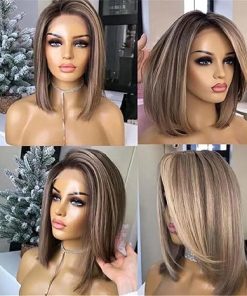 Wig store-Straight-SuperDen Side Part Ash Blonde Highlight Short Bob Wigs Synthesis Straight Wigs Without Bangs for Daily Party (Ash Brown) 2