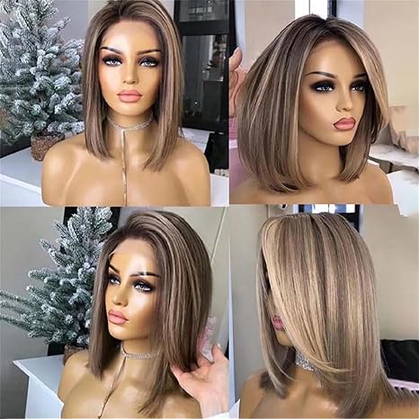 Wig store-Straight-SuperDen Side Part Ash Blonde Highlight Short Bob Wigs Synthesis Straight Wigs Without Bangs for Daily Party (Ash Brown) 2 Wig store-Straight-SuperDen Side Part Ash Blonde Highlight Short Bob Wigs Synthesis Straight Wigs Without Bangs for Daily Party (Ash Brown) - Image 2