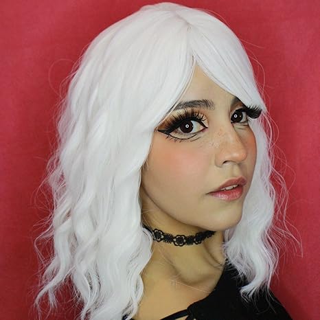 Wig store-Wavy-White Wig with Bangs for Women- Short Wavy Curly White Wigs 14 Inch Shoulder Length White Wig Party Cosplay Halloween Wigs Wig store-Wavy-White Wig with Bangs for Women- Short Wavy Curly White Wigs 14 Inch Shoulder Length White Wig Party Cosplay Halloween Wigs