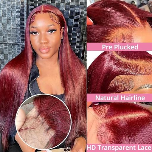 Wig store-Straight-Lzlefho 24 Inch 99j Burgundy Lace Front Wigs Human Hair 250% Density Straight Burgundy Wig Human Hair 99j 13x6 HD Glueless Frontal Wigs for Women Pre Plucked with Baby Hair - Image 3