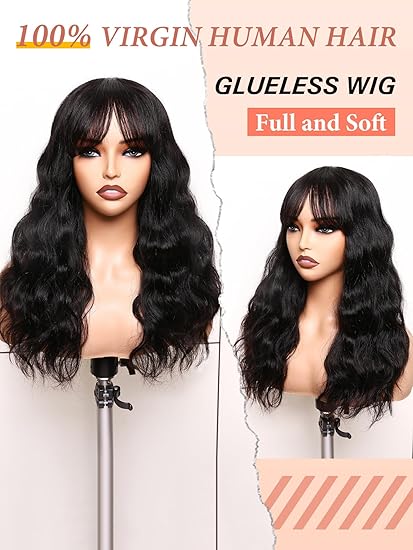 Wig store-Wavy-WIGNEE Natural Wave Wigs with Bangs 100% Brazilian Human Hair Wave Wigs Natural Black (18 Inch 1B) 2 Wig store-Wavy-WIGNEE Natural Wave Wigs with Bangs 100% Brazilian Human Hair Wave Wigs Natural Black (18 Inch 1B) - Image 2