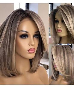 Wig store-Straight-SuperDen Side Part Ash Blonde Highlight Short Bob Wigs Synthesis Straight Wigs Without Bangs for Daily Party (Ash Brown)