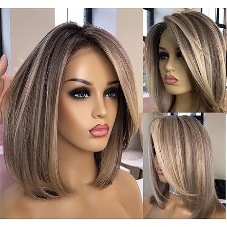 Wig store-Straight-SuperDen Side Part Ash Blonde Highlight Short Bob Wigs Synthesis Straight Wigs Without Bangs for Daily Party (Ash Brown) Wig store-Straight-SuperDen Side Part Ash Blonde Highlight Short Bob Wigs Synthesis Straight Wigs Without Bangs for Daily Party (Ash Brown)