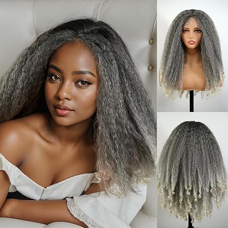 Wig store-New Afro Curly-MISS FANCY Afro Curly Lace Front Wig for Black Women 20 Inch Grey to Blonde Natural Synthetic Bouncy Wig Kinky Straight with Curly End Wigs T Part Transparent Lace Pre-plucked with Baby Hair Wig store-New Afro Curly-MISS FANCY Afro Curly Lace Front Wig for Black Women 20 Inch Grey to Blonde Natural Synthetic Bouncy Wig Kinky Straight with Curly End Wigs T Part Transparent Lace Pre-plucked with Baby Hair