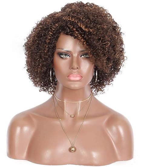 Wig store-Curly-Kalyss Brown Highlights Short Afro Kinky Curly Wigs for Black Women Premium Synthetic Hair Wigs with Hair Bangs 150% Density Bouncy and Full Natural Looking Hair Wigs Wig store-Curly-Kalyss Brown Highlights Short Afro Kinky Curly Wigs for Black Women Premium Synthetic Hair Wigs with Hair Bangs 150% Density Bouncy and Full Natural Looking Hair Wigs