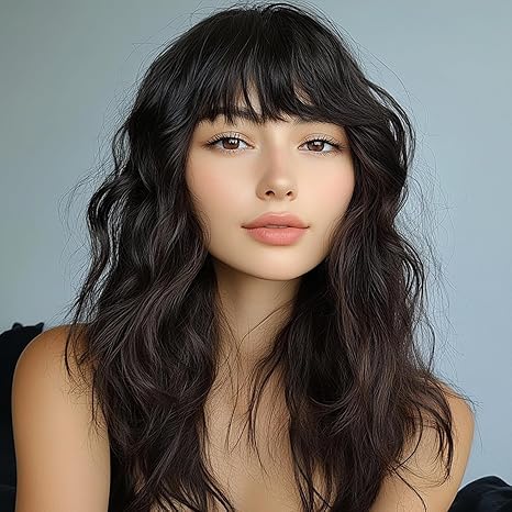 Wig store-Wavy-Dark Brown Wigs with Bangs for Women Synthetic 16inch Medium Length Wigs with Natural Long Wavy Fringe Bang wig Heat Resistant Hair for Daily Party Use Wig store-Wavy-Dark Brown Wigs with Bangs for Women Synthetic 16inch Medium Length Wigs with Natural Long Wavy Fringe Bang wig Heat Resistant Hair for Daily Party Use