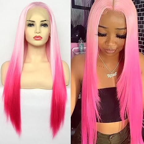 Wig store-Straight-Ombre Pink Lace Front Wigs with Light Pink 2 Tones Color Long Natural Straight Half Hand Tied Synthetic Hair Replacement Wigs 22Inch for Women 2 Wig store-Straight-Ombre Pink Lace Front Wigs with Light Pink 2 Tones Color Long Natural Straight Half Hand Tied Synthetic Hair Replacement Wigs 22Inch for Women - Image 2