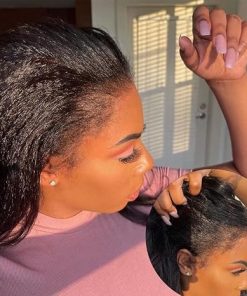 Wig store-Straight-Enoya Lace Front Wigs Human Hair Pre Plucked for Black Women 200 Density Bleached Knots-Kinky Straight Human Hair Wig with 4C Curly Edge Baby Hair(18″
