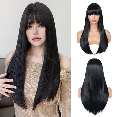Wig store-Straight-Black Wig with Bangs for Women – Long Straight Heat Resistant Synthetic Wig for Daily Use- Party Wig store-Straight-Black Wig with Bangs for Women – Long Straight Heat Resistant Synthetic Wig for Daily Use- Party