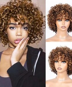 Wig store-Curly-Curly Wig with Bangs Human Hair for Black Women Short Curly Bangs Wigs Brown mixed Blonde Highlight Curly Bob Glueless Wig 150% Density (Color: DX3147)