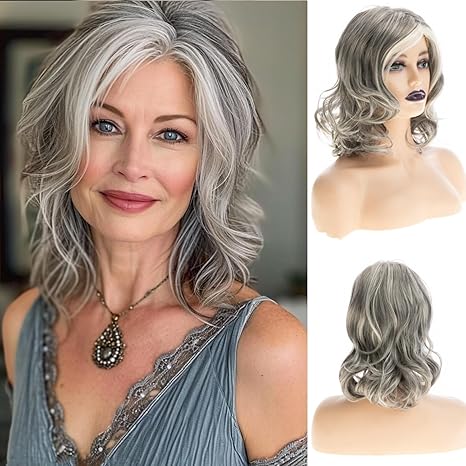 Wig store-Curly-Short Grey Curly Wig for Women Mid-Length Gray Synthetic Wig Natural Looking Heat Resistant Party Halloween Cosplay Wig Wig store-Curly-Short Grey Curly Wig for Women Mid-Length Gray Synthetic Wig Natural Looking Heat Resistant Party Halloween Cosplay Wig