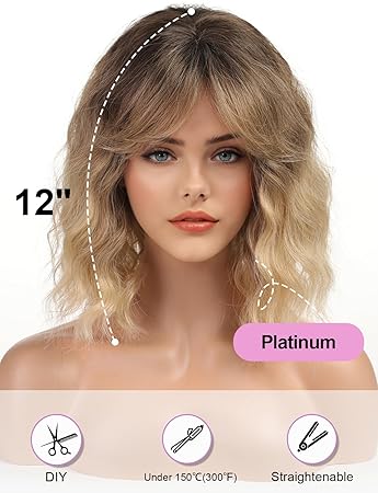 Wig store-Wavy-Short Platinum Bob Wigs for Women-Synthetic Wavy Curly Hair Wig with Bangs for Daily 3 Wig store-Wavy-Short Platinum Bob Wigs for Women-Synthetic Wavy Curly Hair Wig with Bangs for Daily - Image 3