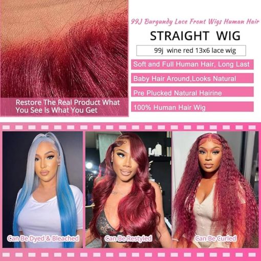 Wig store-Straight-Lzlefho 24 Inch 99j Burgundy Lace Front Wigs Human Hair 250% Density Straight Burgundy Wig Human Hair 99j 13x6 HD Glueless Frontal Wigs for Women Pre Plucked with Baby Hair - Image 2