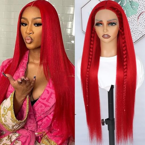 Wig store-Straight-30 Inch Red Hair Lace Front Wigs Pre Plucked Long Straight Wig Glueless Red Colored Wigs Heat Resistant Synthetic Lace Front Wigs for Black Women - Image 2