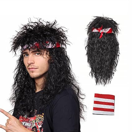 Wig store-Curly-80s Wig with Bandana for Men Long Curly Black Rocker cosplay wig for Halloween Wig store-Curly-80s Wig with Bandana for Men Long Curly Black Rocker cosplay wig for Halloween