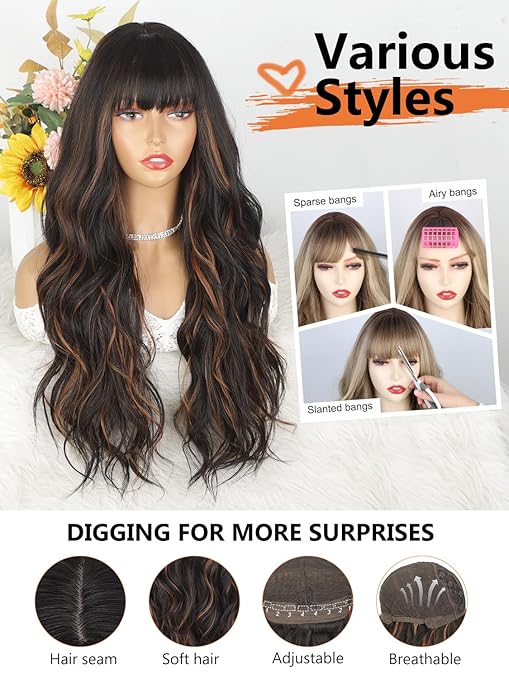 Wig store-Long Hair-QGZ Brown Wig with Bangs 26 Inch Synthetic Long Curly Wavy Black Mixed Brown Wig with Dark Root Hair Wigs for Women 2 Wig store-Long Hair-QGZ Brown Wig with Bangs 26 Inch Synthetic Long Curly Wavy Black Mixed Brown Wig with Dark Root Hair Wigs for Women - Image 2
