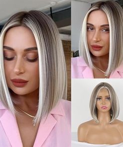 Wig store-Straight-Ombre Blonde Bob Wig Lace Front Bob Wig for White Women Blonde Ombre Wig Bob Middle Part Blunt Cut Bob Wig Short Straight Inverted Bob Hair Wigs for Women