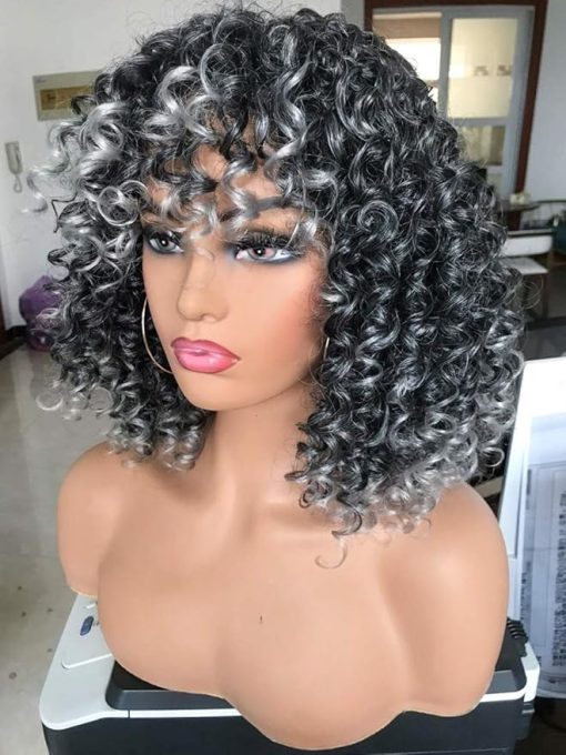 Wig store-Coily-PRETTIEST Afro Curly Wigs with Bangs for Black Women Kinky Curly Wig for Daily Wear (Ombre Grey) - Image 2