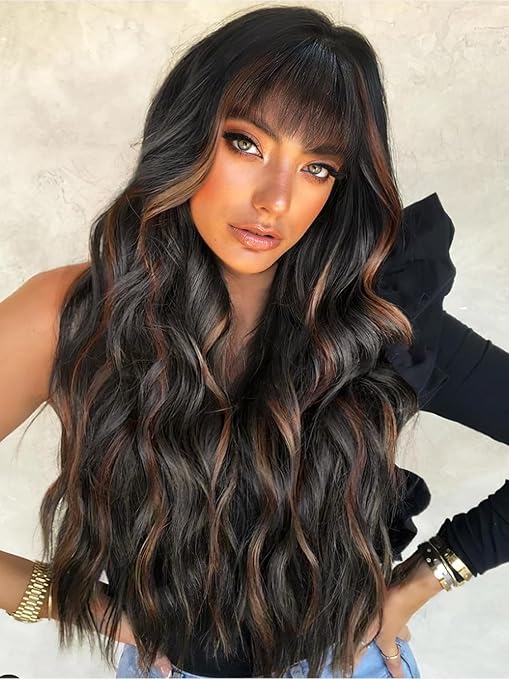 Wig store-Long Hair-QGZ Brown Wig with Bangs 26 Inch Synthetic Long Curly Wavy Black Mixed Brown Wig with Dark Root Hair Wigs for Women Wig store-Long Hair-QGZ Brown Wig with Bangs 26 Inch Synthetic Long Curly Wavy Black Mixed Brown Wig with Dark Root Hair Wigs for Women