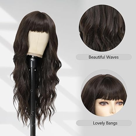 Wig store-Long Hair-Lovenia-Long Dark Brown Wig 26″ Long Natural Loose Wave Hair Wig with Bangs for Women Body Wave Curly Brunette Hair Middle Part Hair Replacement Wig 3 Wig store-Long Hair-Lovenia-Long Dark Brown Wig 26" Long Natural Loose Wave Hair Wig with Bangs for Women Body Wave Curly Brunette Hair Middle Part Hair Replacement Wig - Image 3