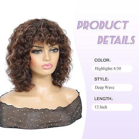 Wig store-Curly-HUA Short Curly Human Hair Wig With Bangs for Black Women Glueless Deep Wave Bob 4/30 Highlight Wig Human Hair With Bangs 12 Inch Curly Bob Wigs Human Hair Glueless Wear And Go for Black Women 2 Wig store-Curly-HUA Short Curly Human Hair Wig With Bangs for Black Women Glueless Deep Wave Bob 4/30 Highlight Wig Human Hair With Bangs 12 Inch Curly Bob Wigs Human Hair Glueless Wear And Go for Black Women - Image 2