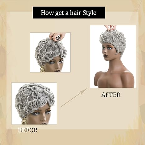 Wig store-Curly-Short Wig for Black Women Grey Short Pixie Wig for Women Curly Pixie Wigs with Bangs Layered Wig Short Wigs Pixie Cut Wigs for Black Women (Grey) 3 Wig store-Curly-Short Wig for Black Women Grey Short Pixie Wig for Women Curly Pixie Wigs with Bangs Layered Wig Short Wigs Pixie Cut Wigs for Black Women (Grey) - Image 3