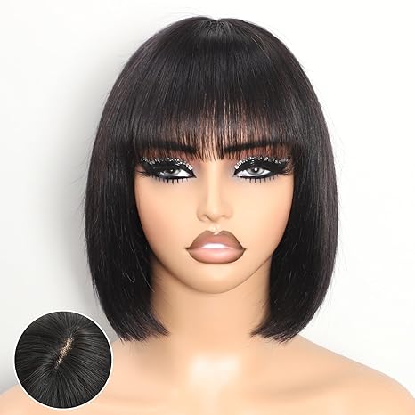 Wig store-Straight-Short Straight Bob Wig with Bangs Human Hair Glueless 180% Density Middle Part Upgraded 2×1 Realistic Scalp Lace Wigs Natural Black Bob Wig Human Hair With Bangs for Women 10 Inch 2 Wig store-Straight-Short Straight Bob Wig with Bangs Human Hair Glueless 180% Density Middle Part Upgraded 2x1 Realistic Scalp Lace Wigs Natural Black Bob Wig Human Hair With Bangs for Women 10 Inch - Image 2