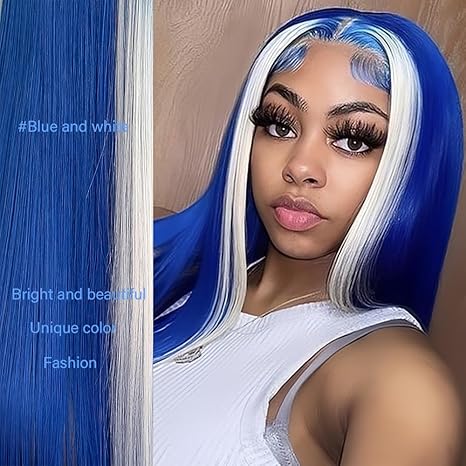 Wig store-Straight-Blue Lace Front Synthetic Wig Hightlight Pre-Plucked Glueless Blue White Wear and go HD Lace Front Wig Synthetic Long Straight Lace Front Wig with Highlights 2 Wig store-Straight-Blue Lace Front Synthetic Wig Hightlight Pre-Plucked Glueless Blue White Wear and go HD Lace Front Wig Synthetic Long Straight Lace Front Wig with Highlights - Image 2