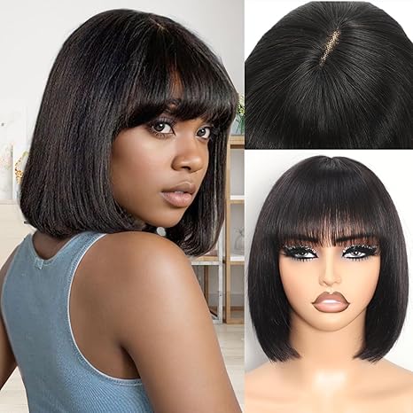 Wig store-Straight-Short Straight Bob Wig with Bangs Human Hair Glueless 180% Density Middle Part Upgraded 2×1 Realistic Scalp Lace Wigs Natural Black Bob Wig Human Hair With Bangs for Women 10 Inch Wig store-Straight-Short Straight Bob Wig with Bangs Human Hair Glueless 180% Density Middle Part Upgraded 2x1 Realistic Scalp Lace Wigs Natural Black Bob Wig Human Hair With Bangs for Women 10 Inch
